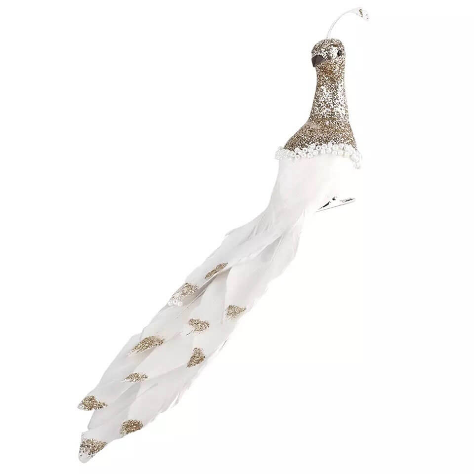 White Peacock with Long Tail Feather Christmas Ornament