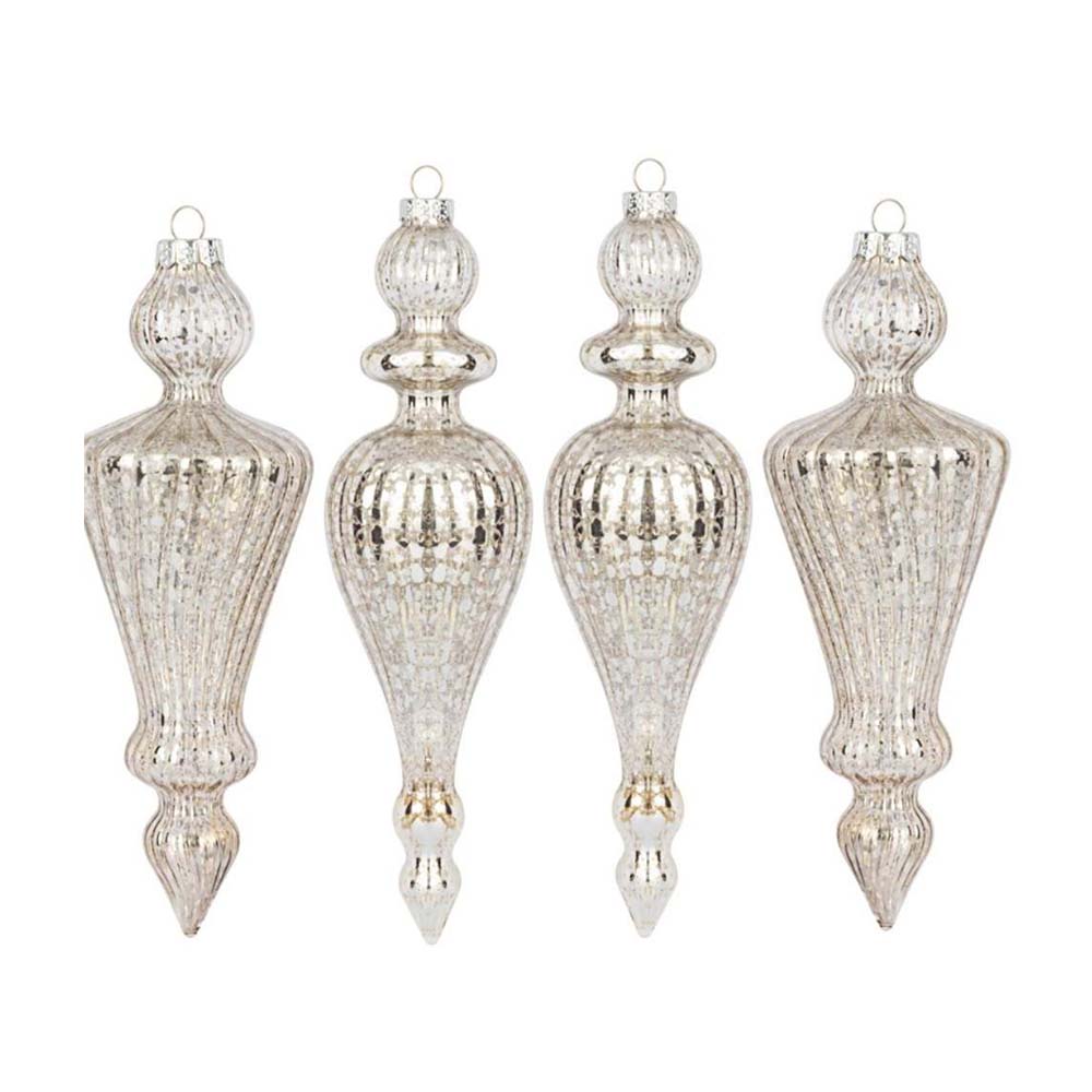 Silver Mercury Glass Finial Ornament – Set of 4