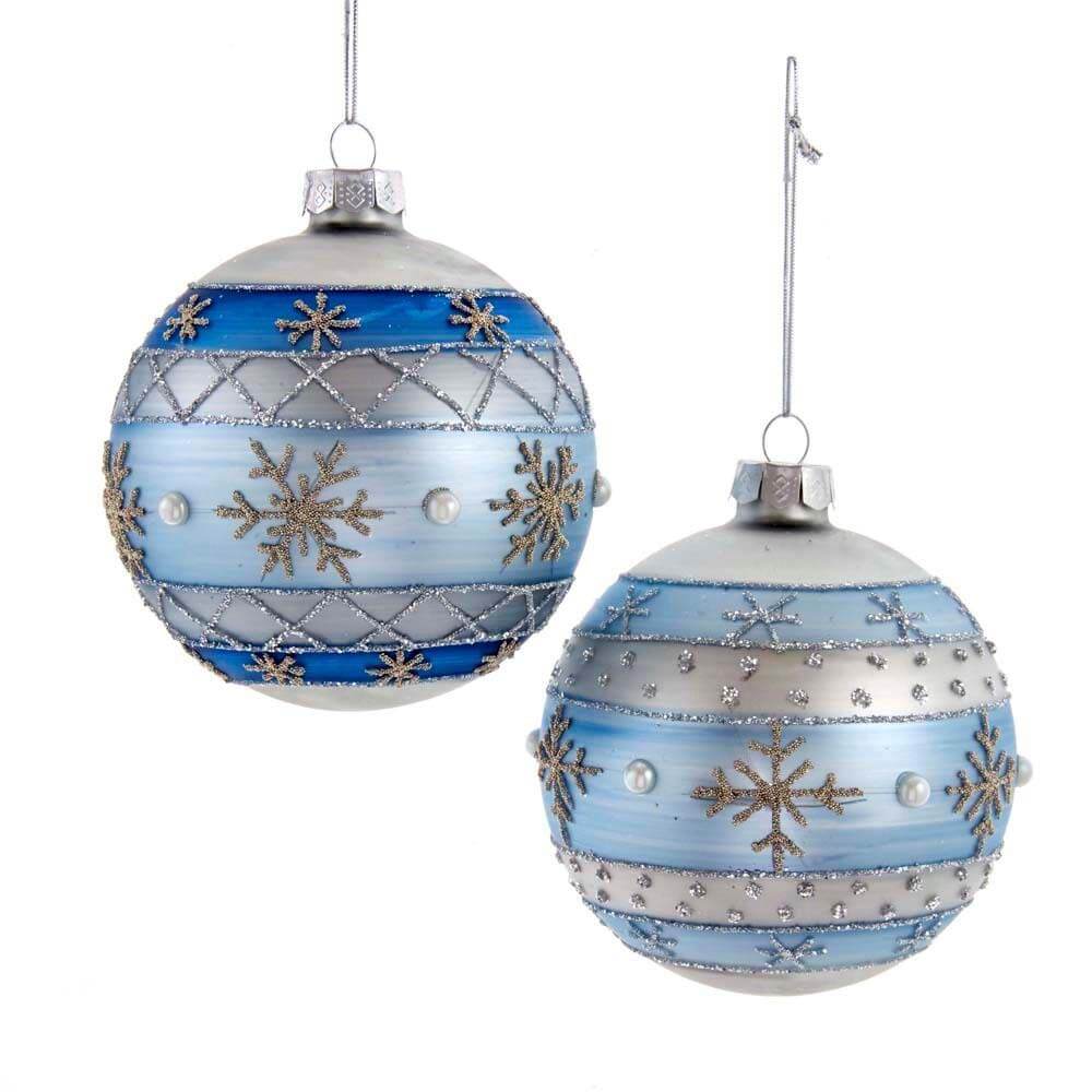 Kurt Adler Blue Silver Snowflake 13cm Glass Ball Ornament – Set of 2