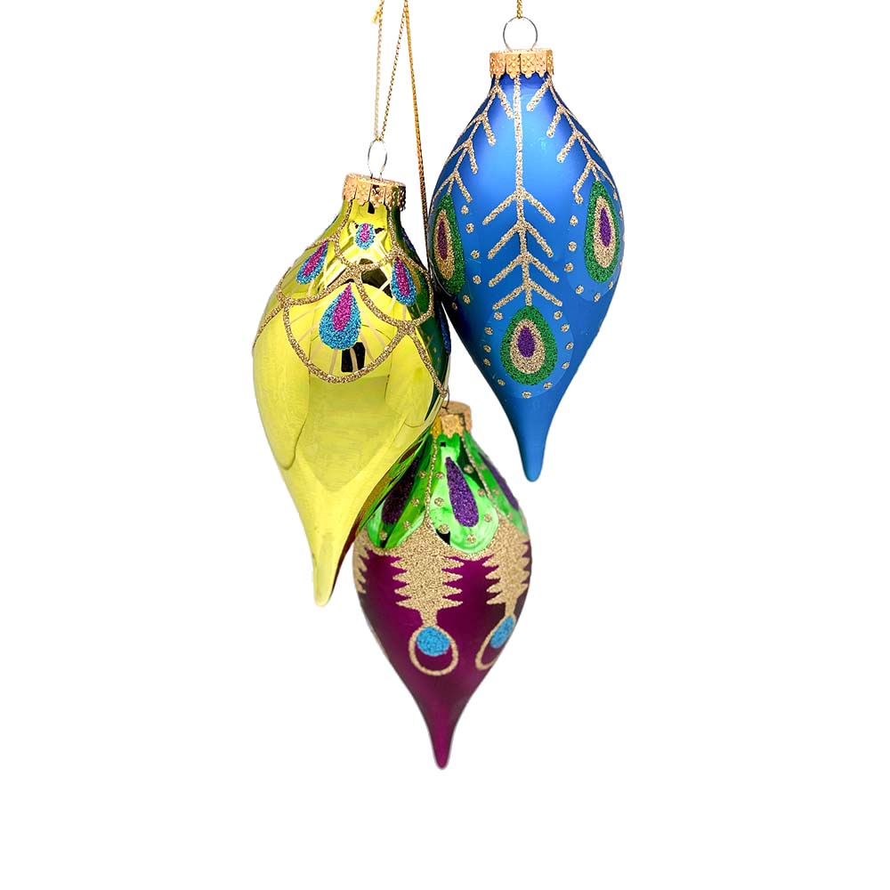 Kurt Adler Peacock Glass Finial Ornament – Set of 3