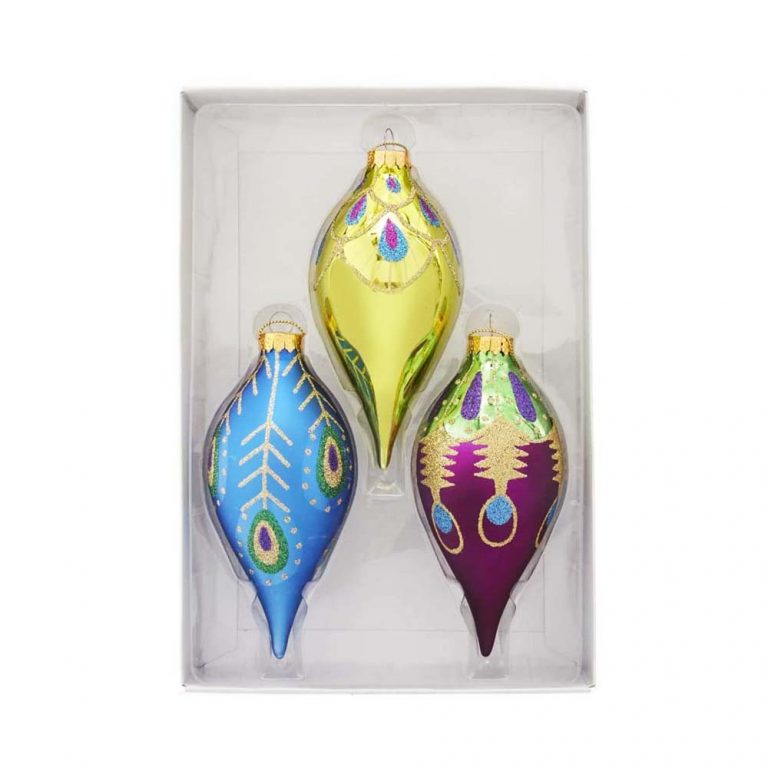 Kurt Adler Peacock Glass Finial Ornament – Set of 3