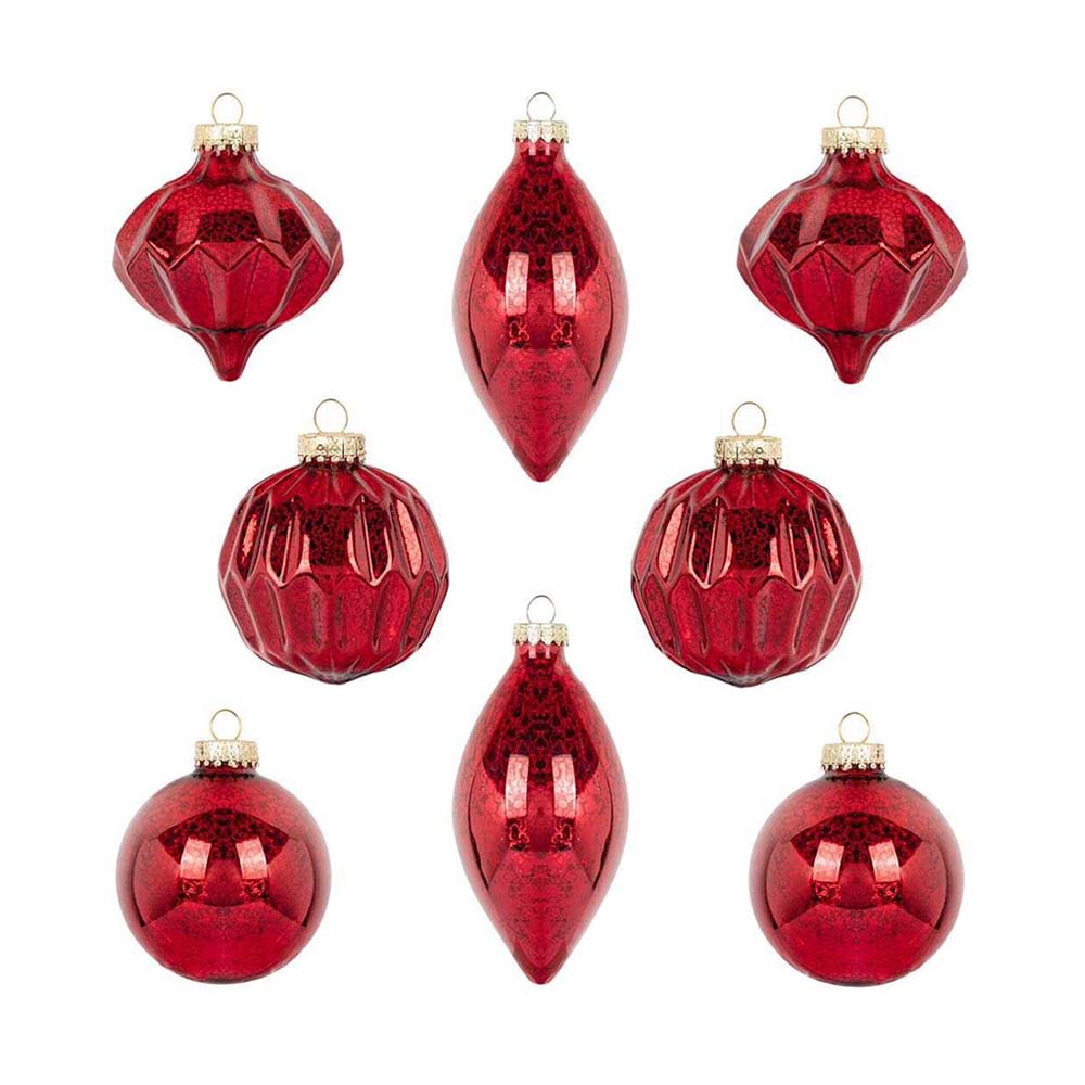 Mixed Red Glass Ornament – Set of 8