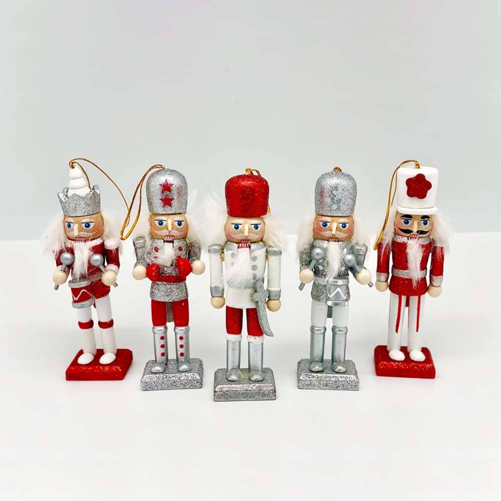 Set of 5 Red/Silver Wooden Nutcracker Ornaments