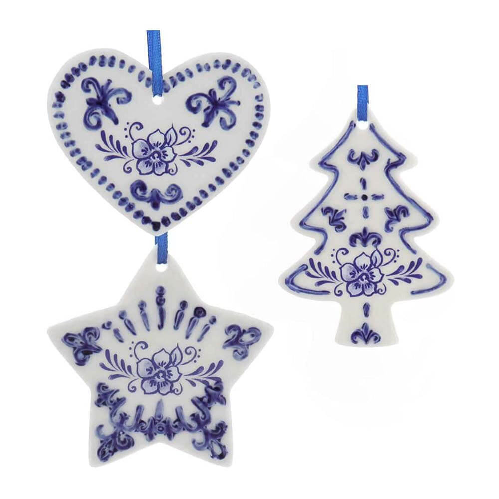 Kurt Adler Delft Blue Heart – Star – Christmas Tree Ornaments – Set of 3