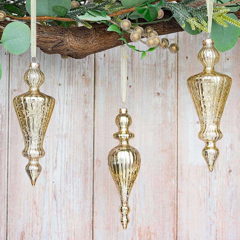 Gold Mercury Glass Finial Ornament – Set of 4