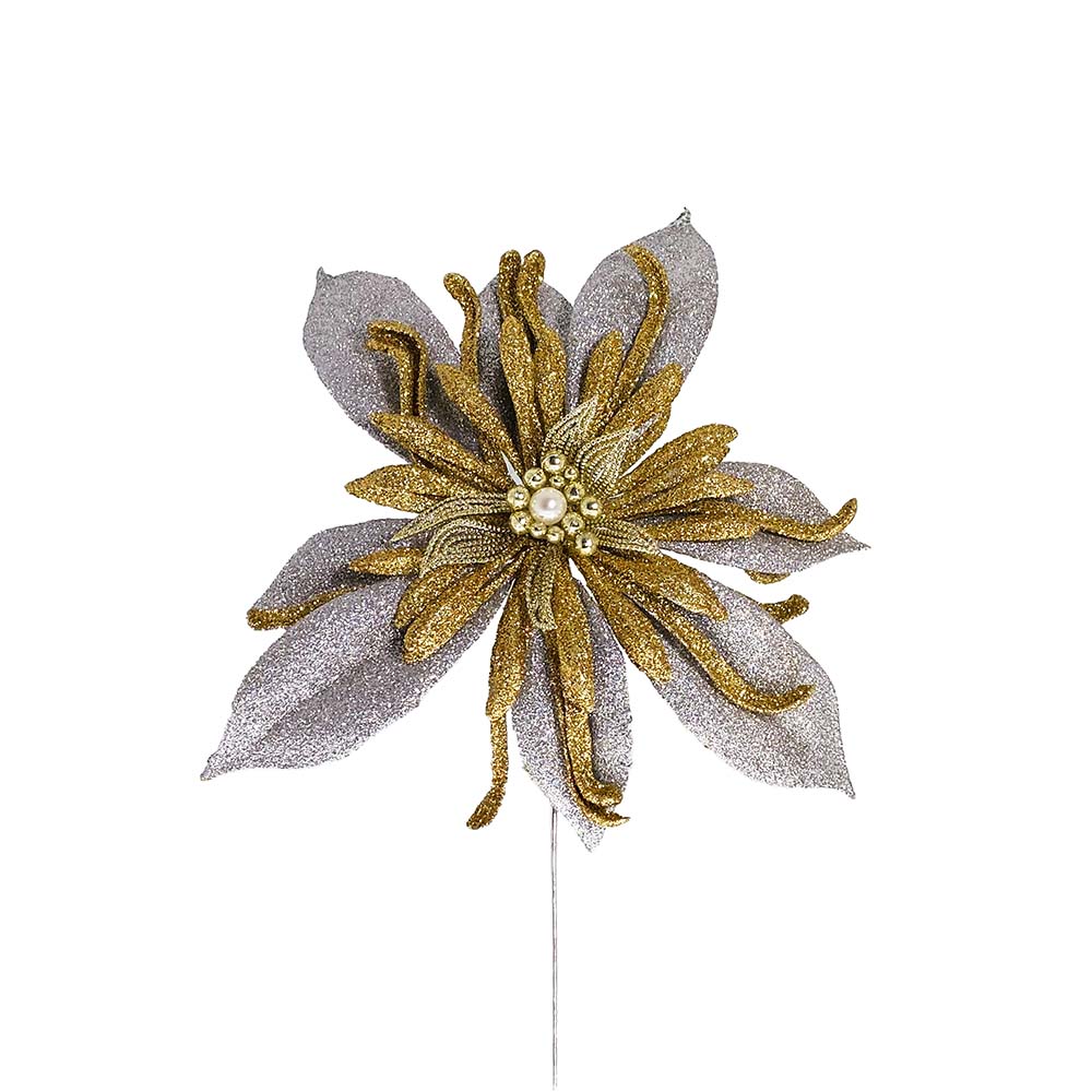 Silver/Gold Velvet Poinsettia Pick