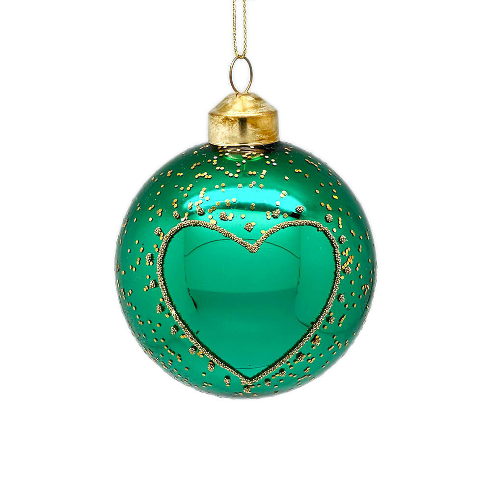 Green Glass Ball with Gold Heart Ornament – Set of 6