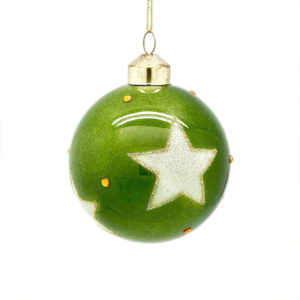 Green Glass Ball with Stars Ornament – Set of 6