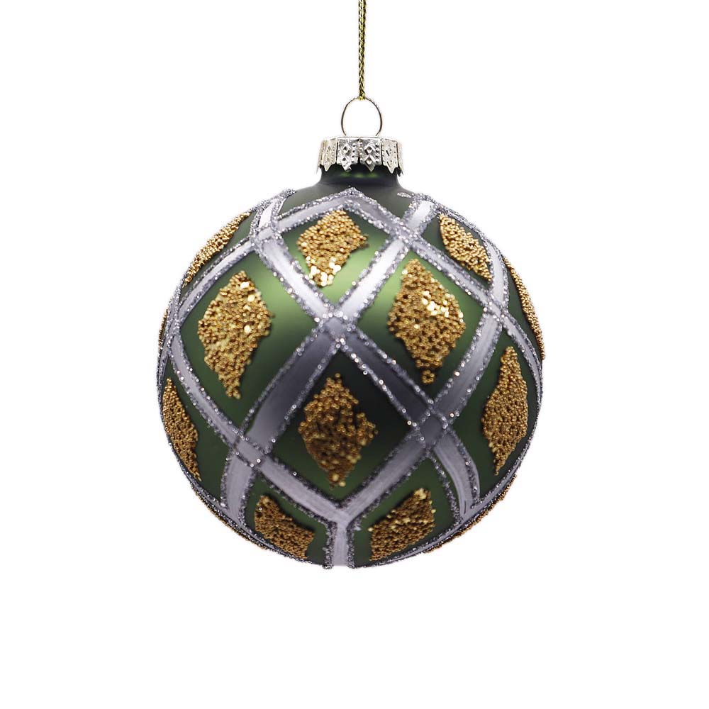 Green Glass Ball with Gold Diamond Pattern Ornament – Set of 6