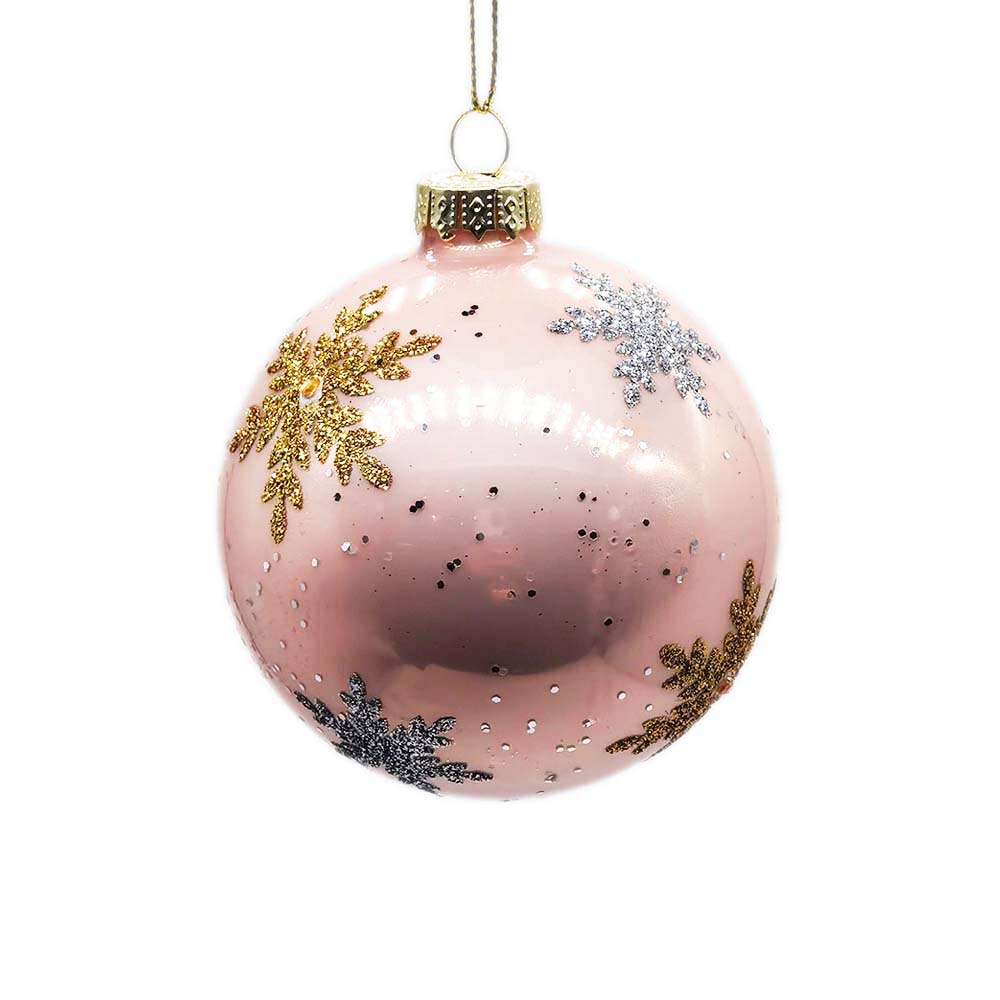 Light Pink Glass Ball with Silver & Gold Snowflakes – Set of 6