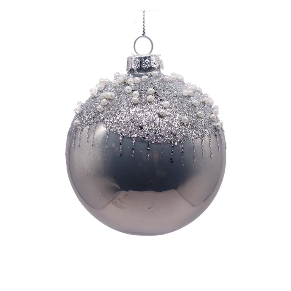 Grey/Silver Glass Ball with Pearls Ornament – Set of 6