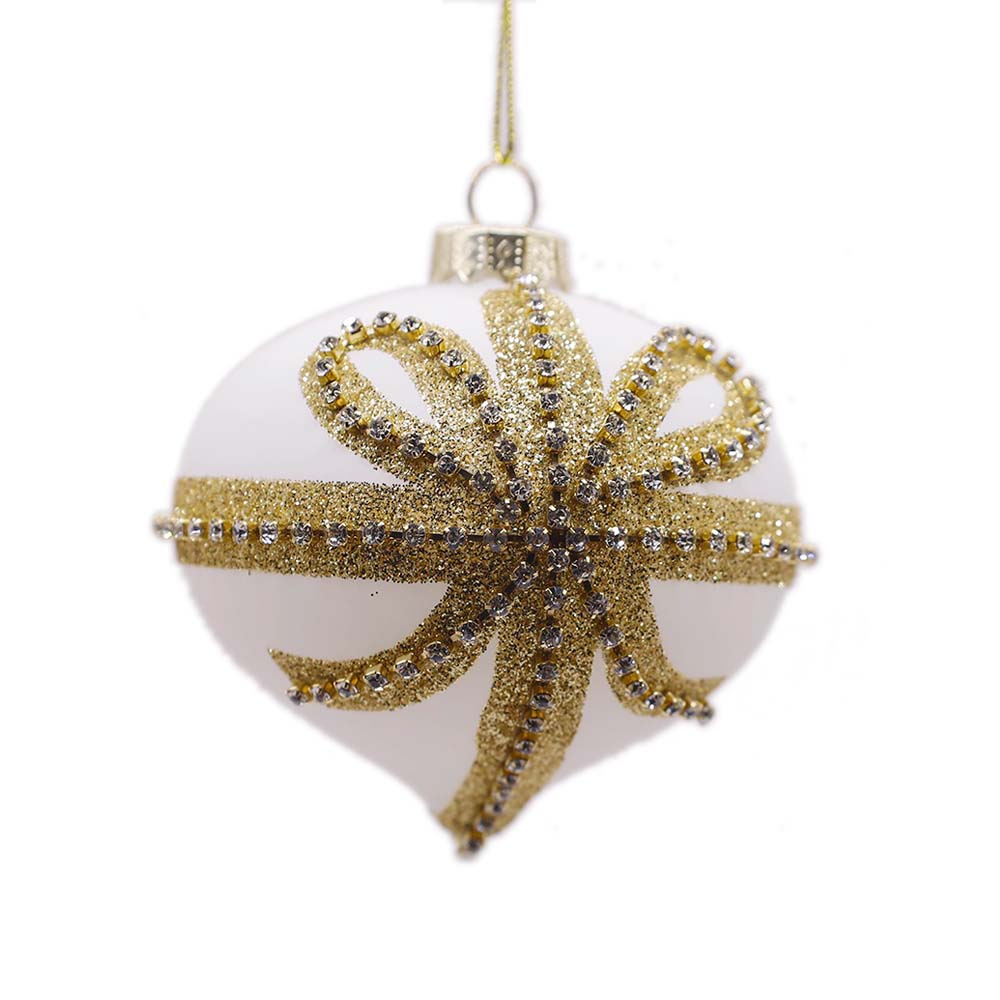 White Glass Ornament with Gold Bows – Set of 6