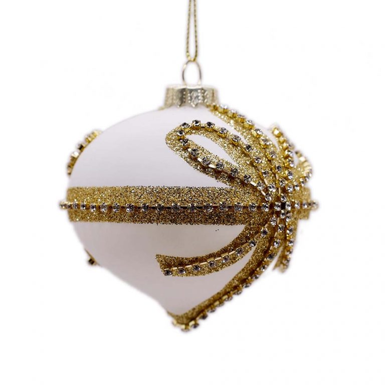 White Glass Ornament with Gold Bows – Set of 6