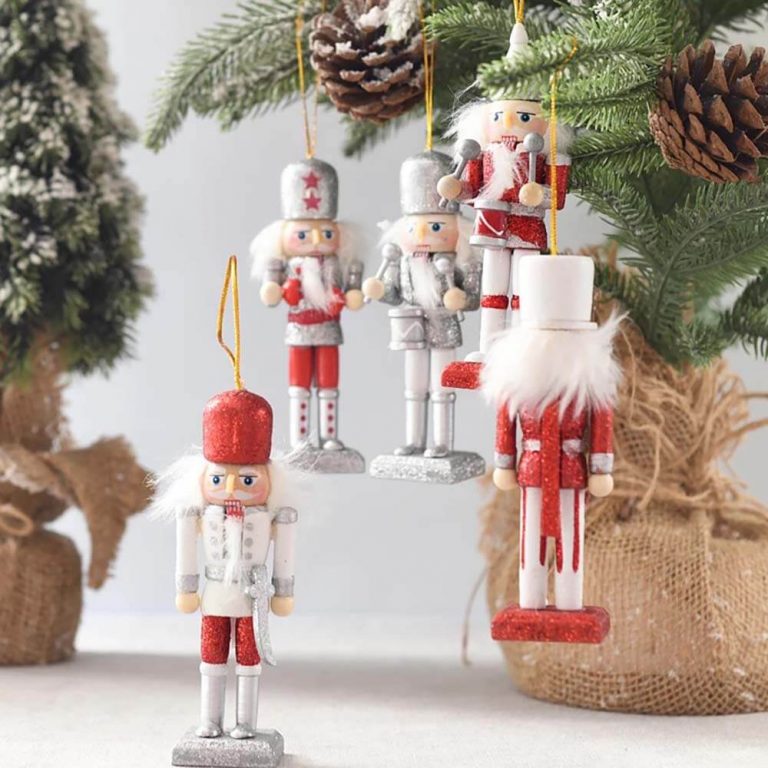 Set of 5 Red/Silver Wooden Nutcracker Ornaments