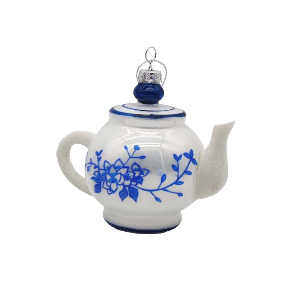 Blue White Chinoiserie Teapot Glass Ornament