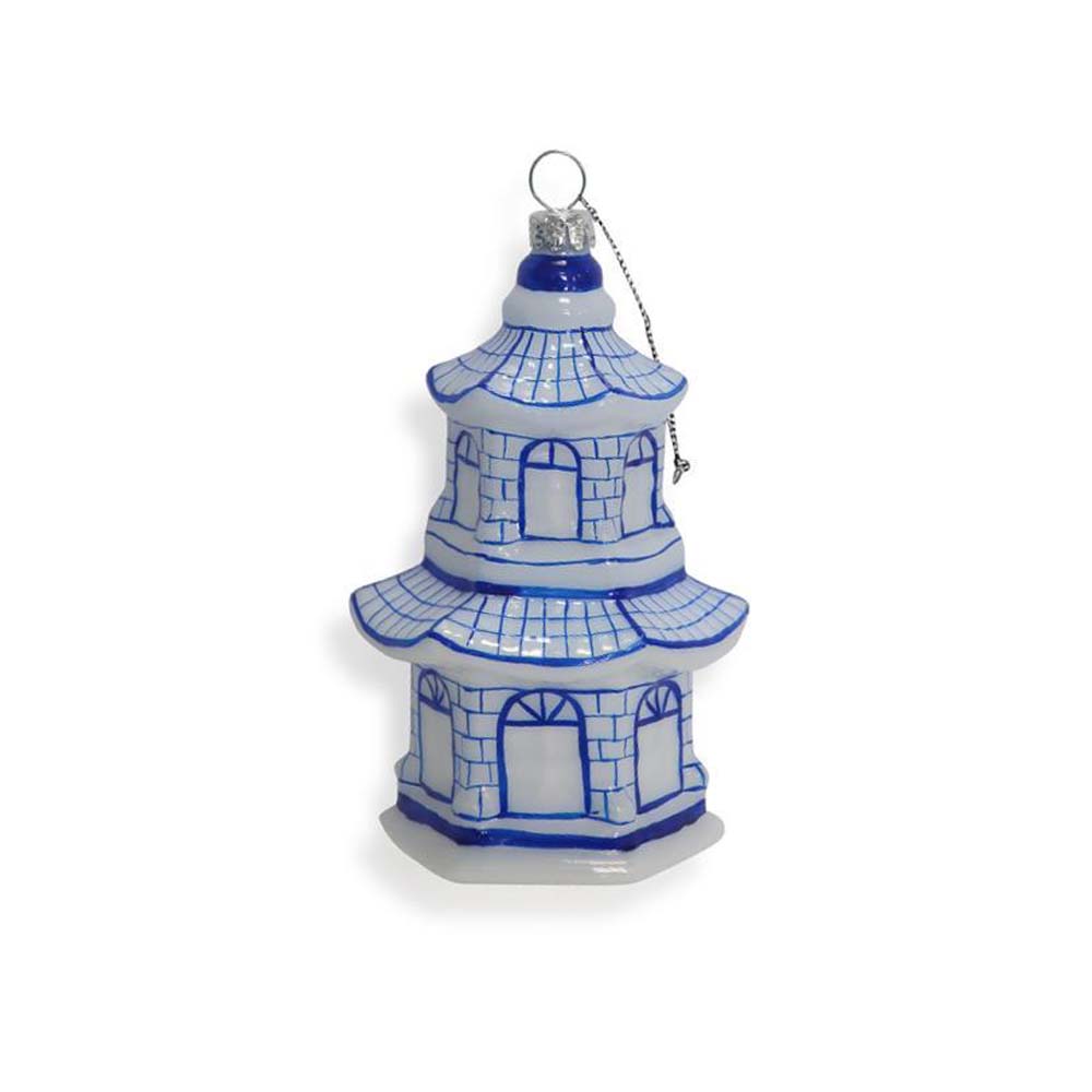 Blue White Chinoiserie Oriental Temple Glass Ornament