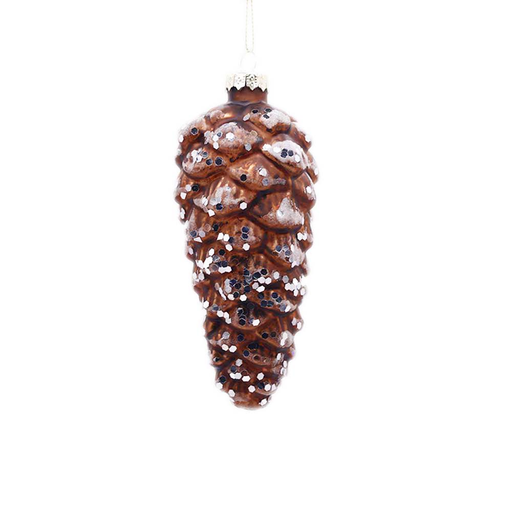 Long Brown/Silver Glass Pinecone Ornament – Set of 6