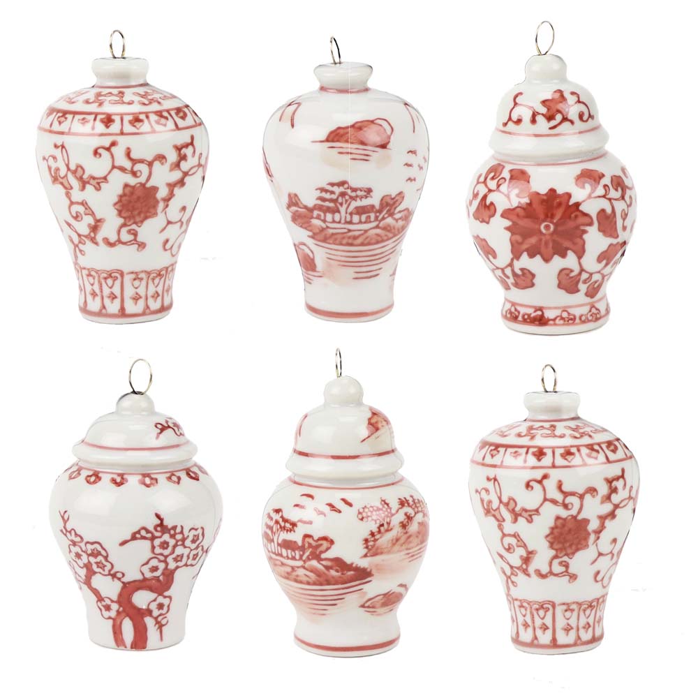 Chinoiserie Red Ceramic Ginger Jar Ornaments – Set of 6