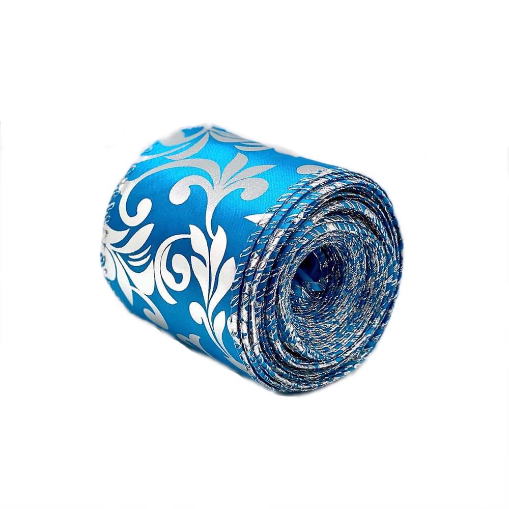 Light Blue Satin Ribbon with White Patterns – 9m Roll