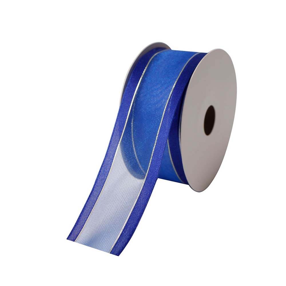 Blue Satin Ribbon with Silver Lines 38mm Wide – 22m Roll