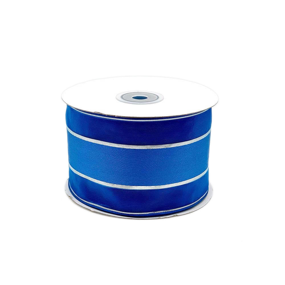 Blue Satin Ribbon with Silver lines 63mm Wide – 22m Roll