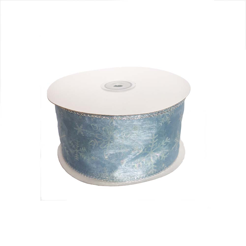 Light Blue Organza Ribbon with Snowflakes 63mm Wide – 22m Roll