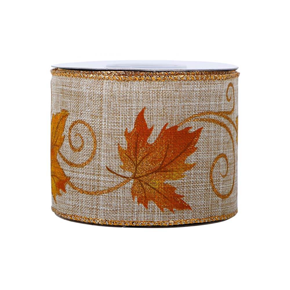 Linen Ribbon with Orange Autumn Leaves 63mm Wide – 22m Roll
