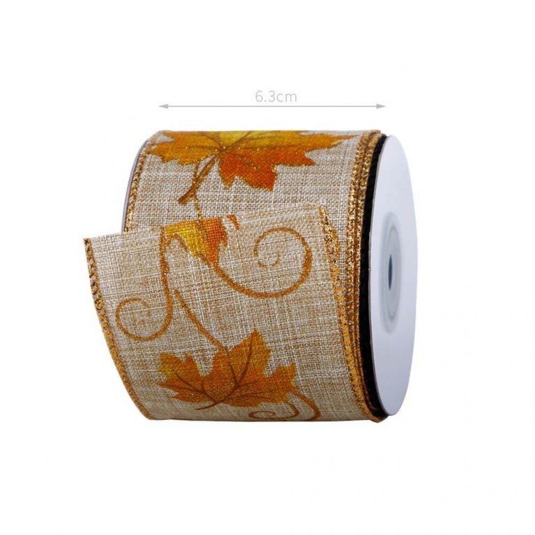 Linen Ribbon with Orange Autumn Leaves 63mm Wide – 22m Roll