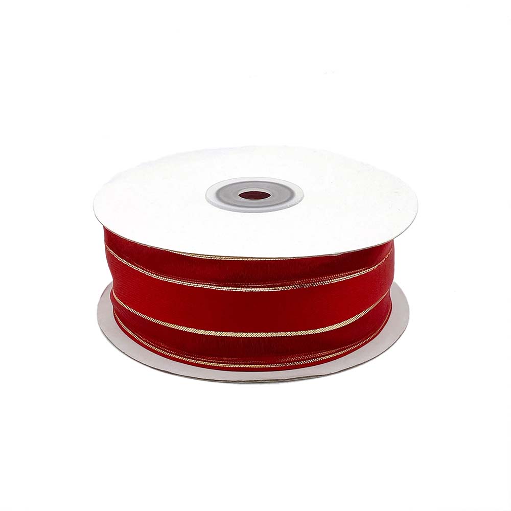 Red Satin with Gold Line Ribbon 38mm – 22m Roll