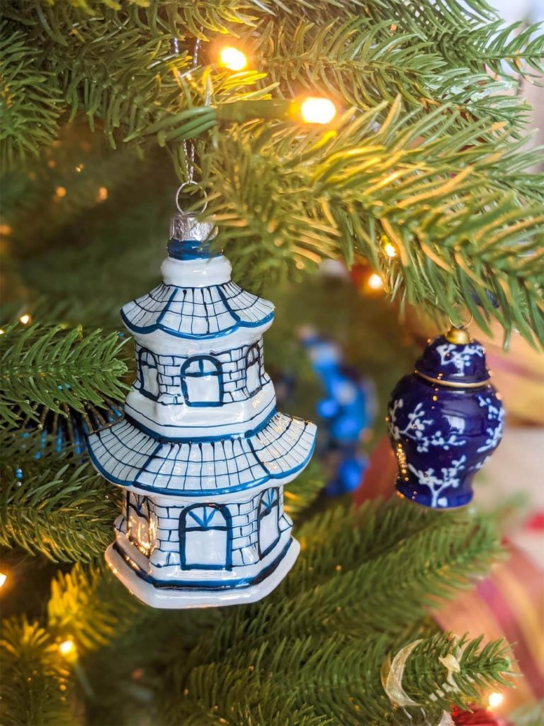 Blue White Chinoiserie Oriental Temple Glass Ornament