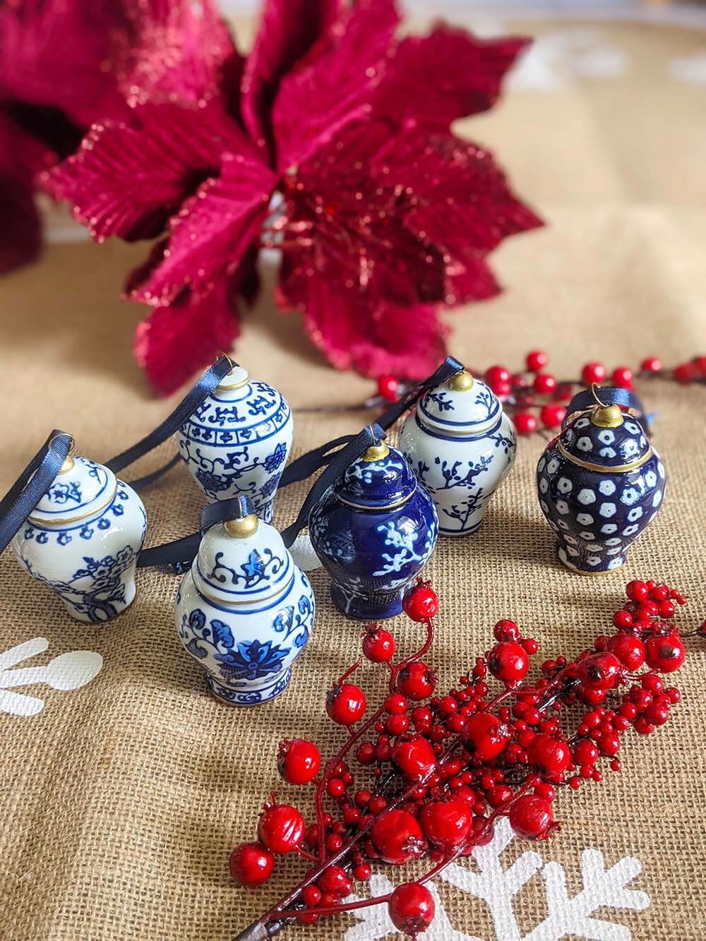 Chinoiserie Blue White Ceramic Ginger Jar Ornaments Design 01 – Set of 6