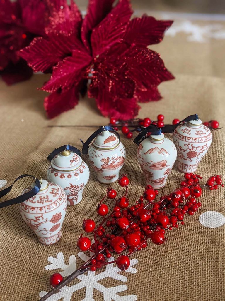 Chinoiserie Red Ceramic Ginger Jar Ornaments – Set of 6