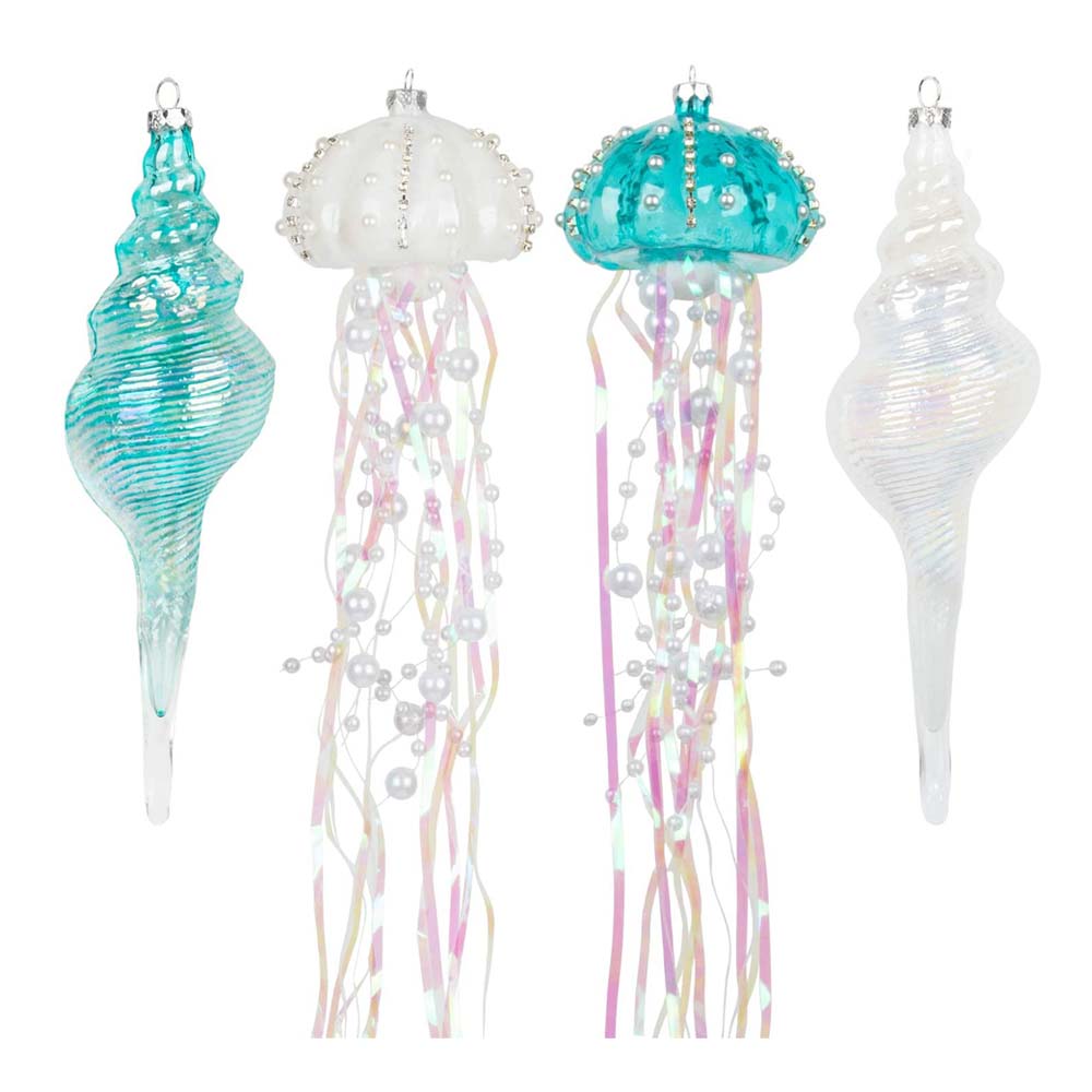 Glass Coastal Theme with Jellyfish and Seashell Ornaments – Set of 4