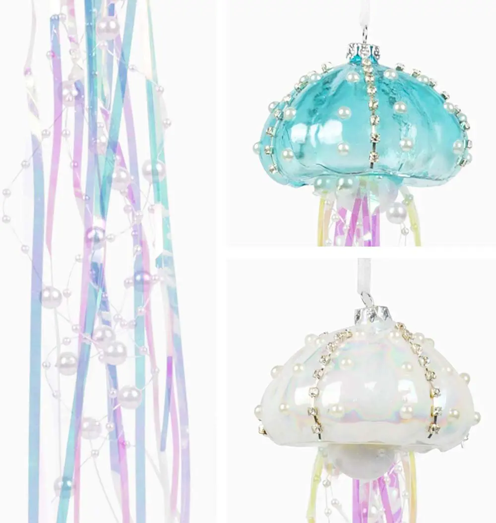 Glass Coastal Theme with Jellyfish and Seashell Ornaments – Set of 4