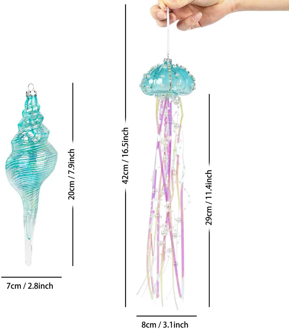 Glass Coastal Theme with Jellyfish and Seashell Ornaments – Set of 4