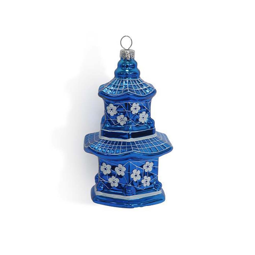 Blue Chinoiserie Oriental Temple Glass Ornament