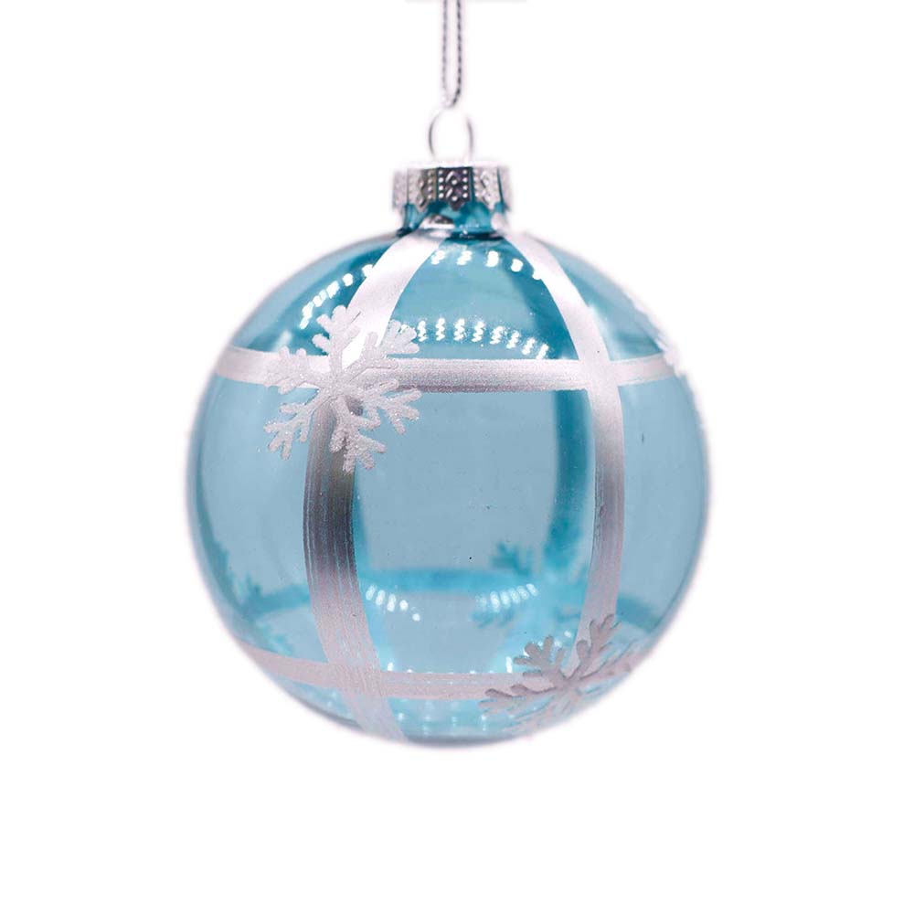 Light Blue Glass Ball with Silver Snowflakes Ornaments – Set of 6