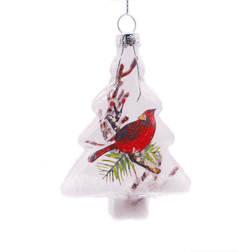 Clear Glass Christmas Tree with Red Cardinal Bird Ornament – Set of 4