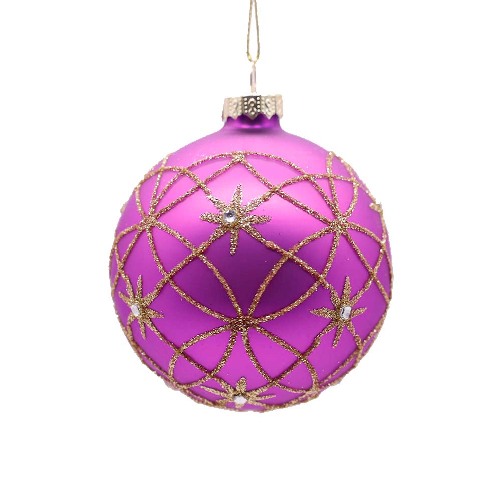 Purple Glass Balls with Gold Lines Ornaments – Set of 6