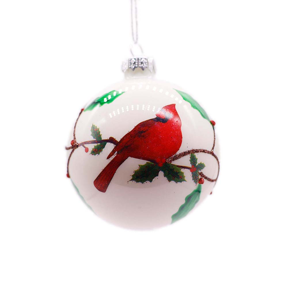 White Glass Ball with Red Cardinal Bird Ornament – Set of 6