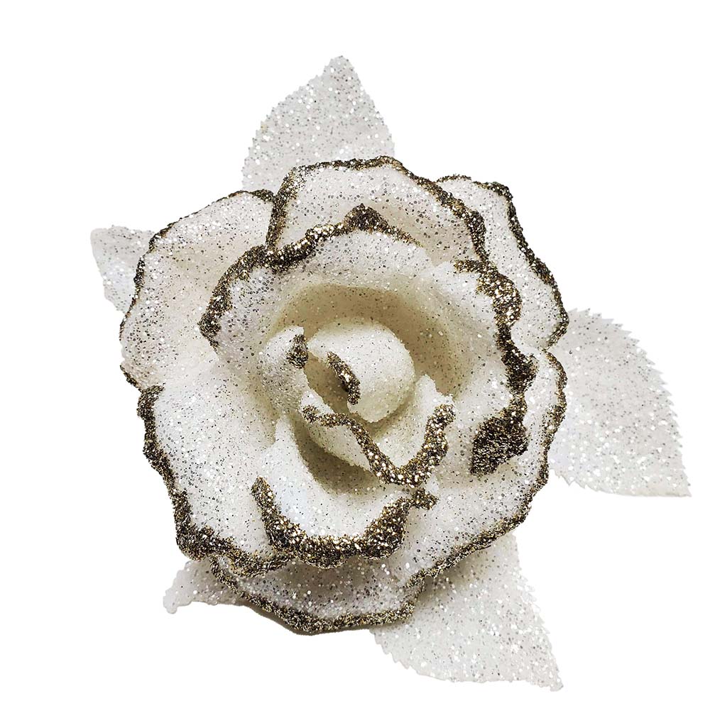 White Glitter Rose with Clip