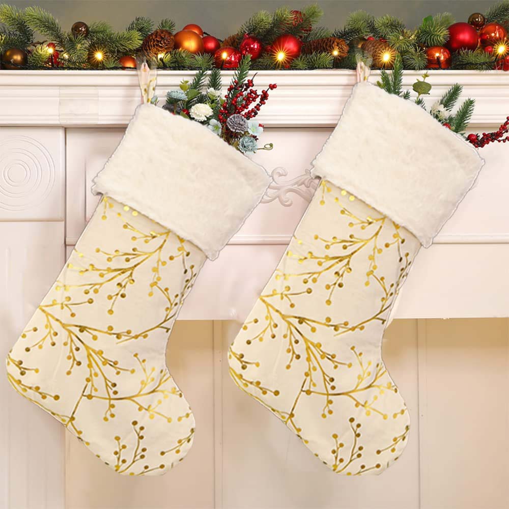 Set of 2 Gold Faux Fur Christmas Stocking with Berries Branches