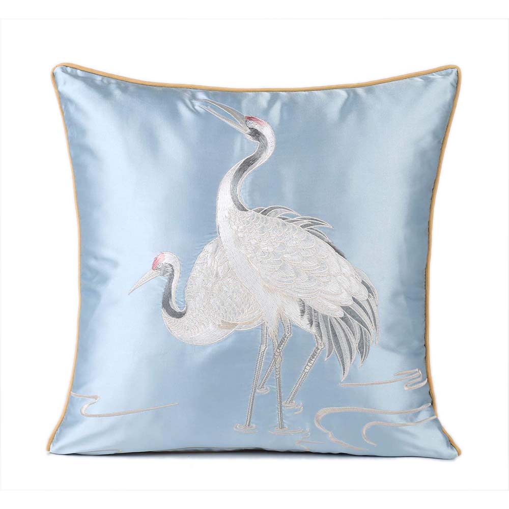 Cushion Cover Embroidered White Cranes in Light Blue – Size 45 x 45cm