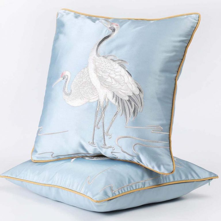 Cushion Cover Embroidered White Cranes in Light Blue – Size 45 x 45cm