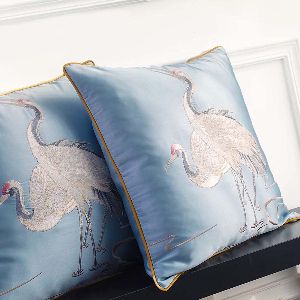 Cushion Cover Embroidered White Cranes in Light Blue – Size 45 x 45cm