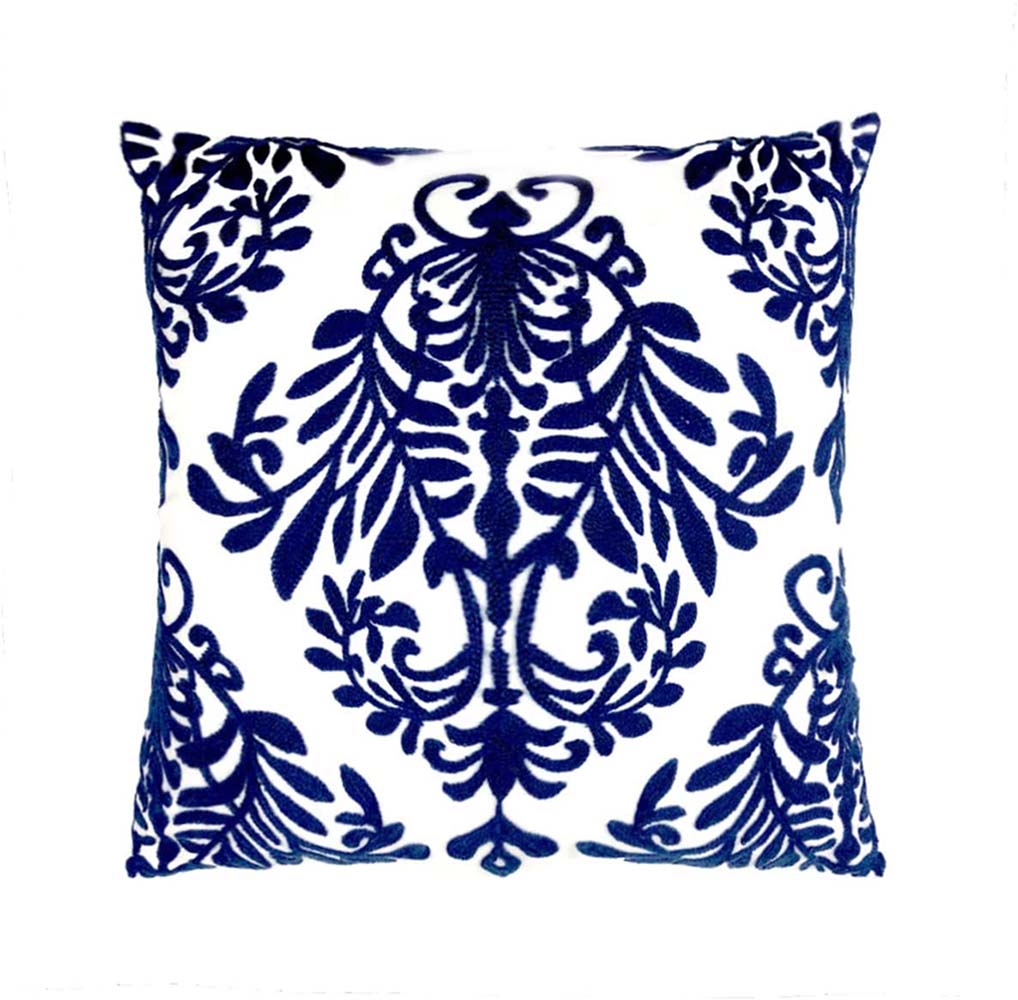 Cushion Cover Embroidered Vintage Motif in Blue & White