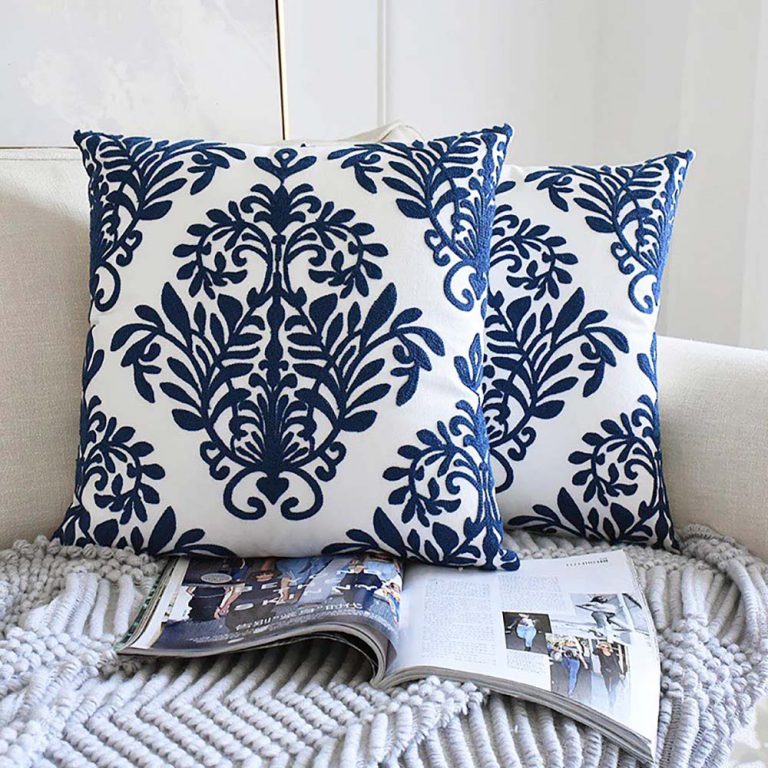 Cushion Cover Embroidered Vintage Motif in Blue & White