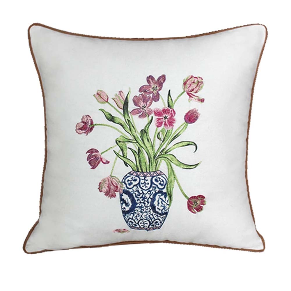 Cushion Cover Embroidered Tulips in Blue White Chinoiserie Vase
