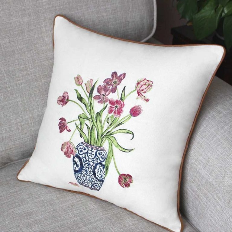 Cushion Cover Embroidered Tulips in Blue White Chinoiserie Vase