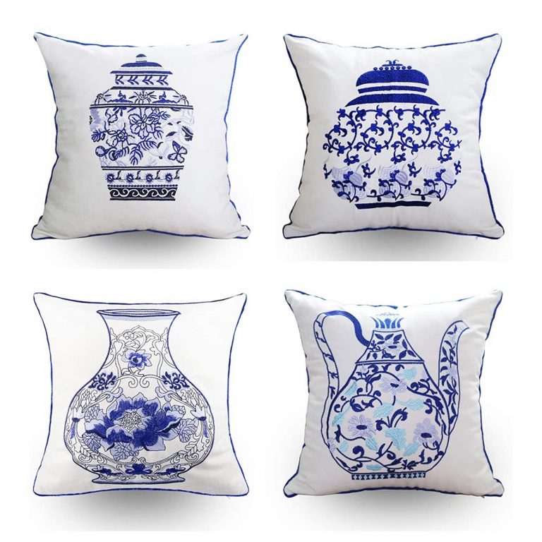 Cushion Cover Embroidered Blue White Chinoiseries Vases – Set of 4